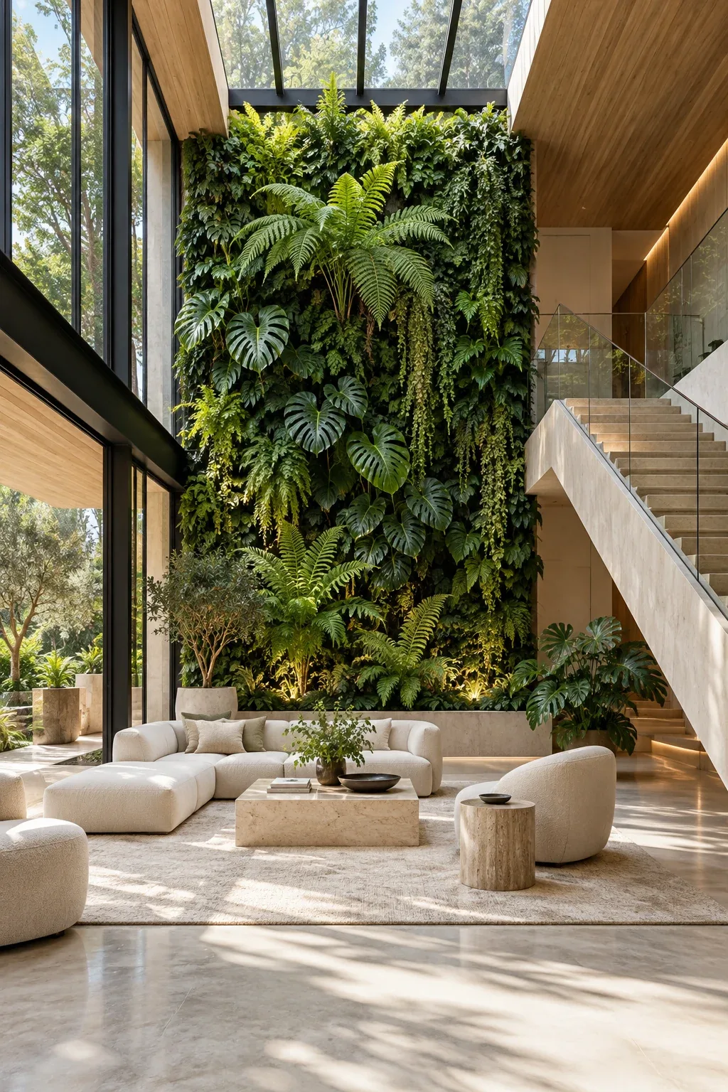 Living walls integrated into a contemporary architectural space