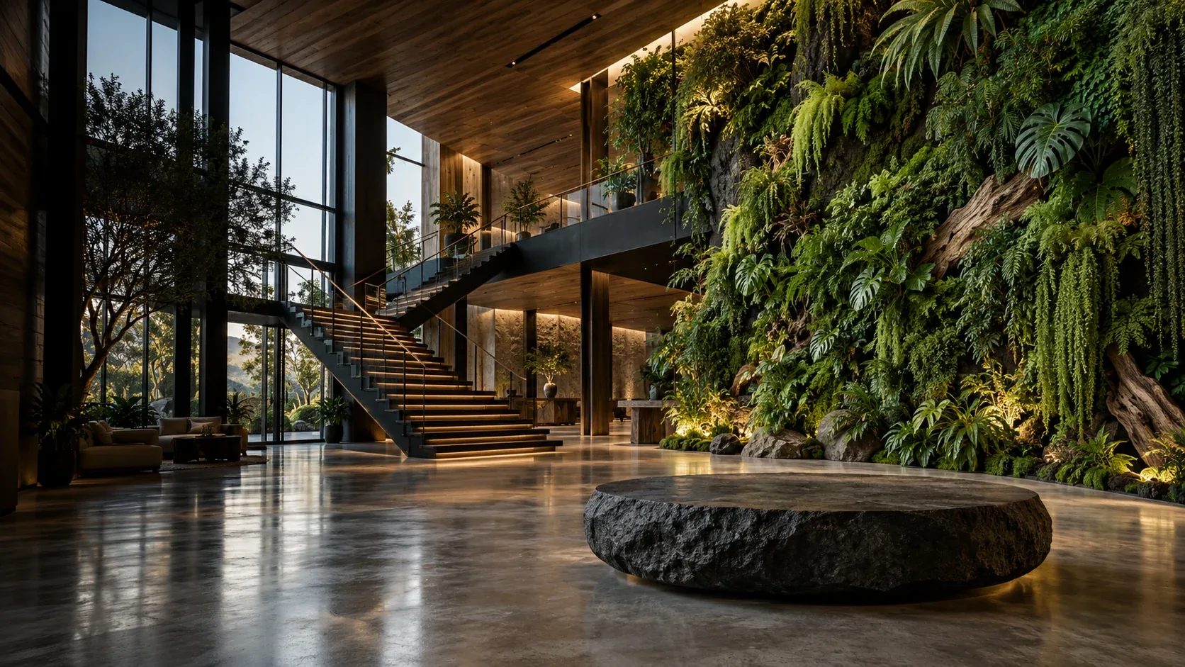 Contemporary lobby with a dramatic living wall, oak stairs, black steel windows and sculptural stone seating