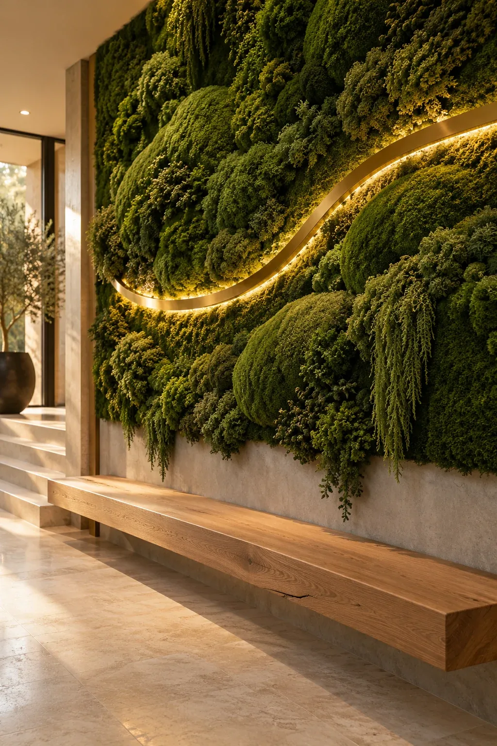 Sculptural preserved moss with a curved light detail above a timber bench