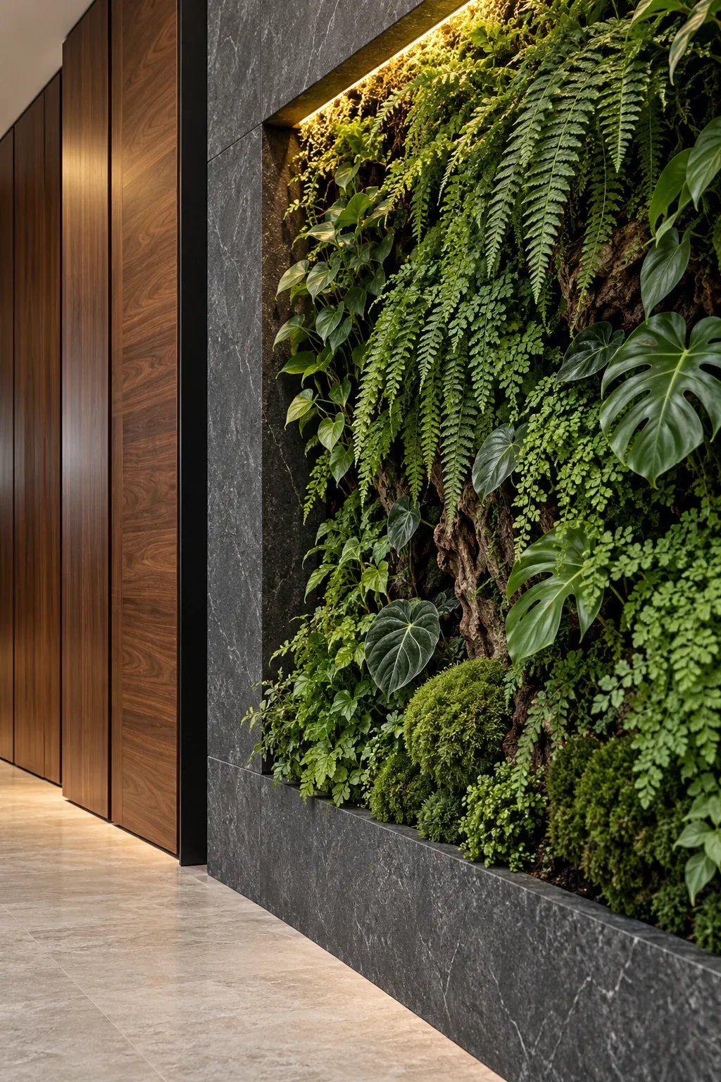 Architectural detail of a recessed planted wall beside walnut and charcoal stone