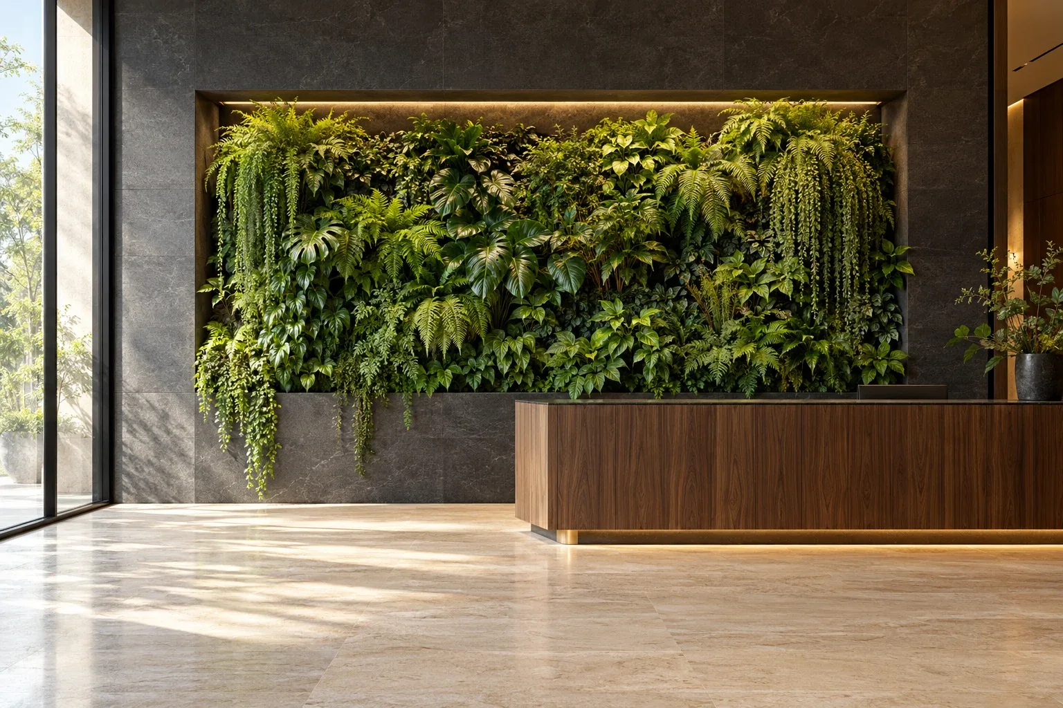 Fern living wall integrated into a charcoal stone recess beside a walnut reception counter