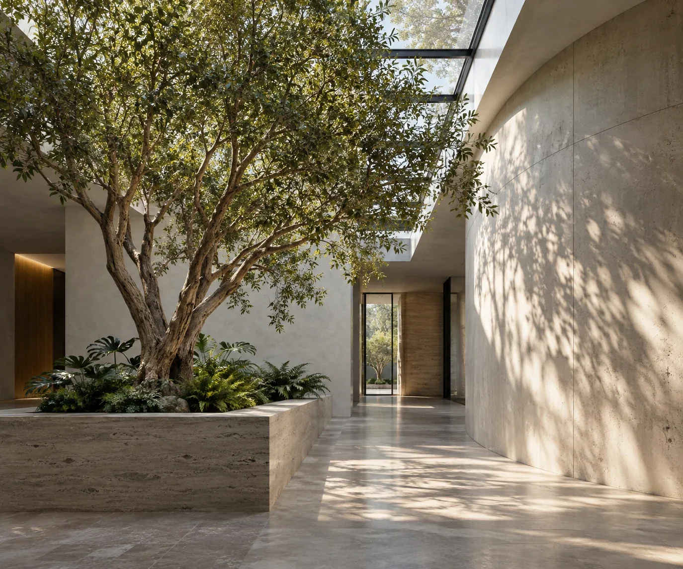 Sculptural indoor tree integrated into a skylit architectural corridor