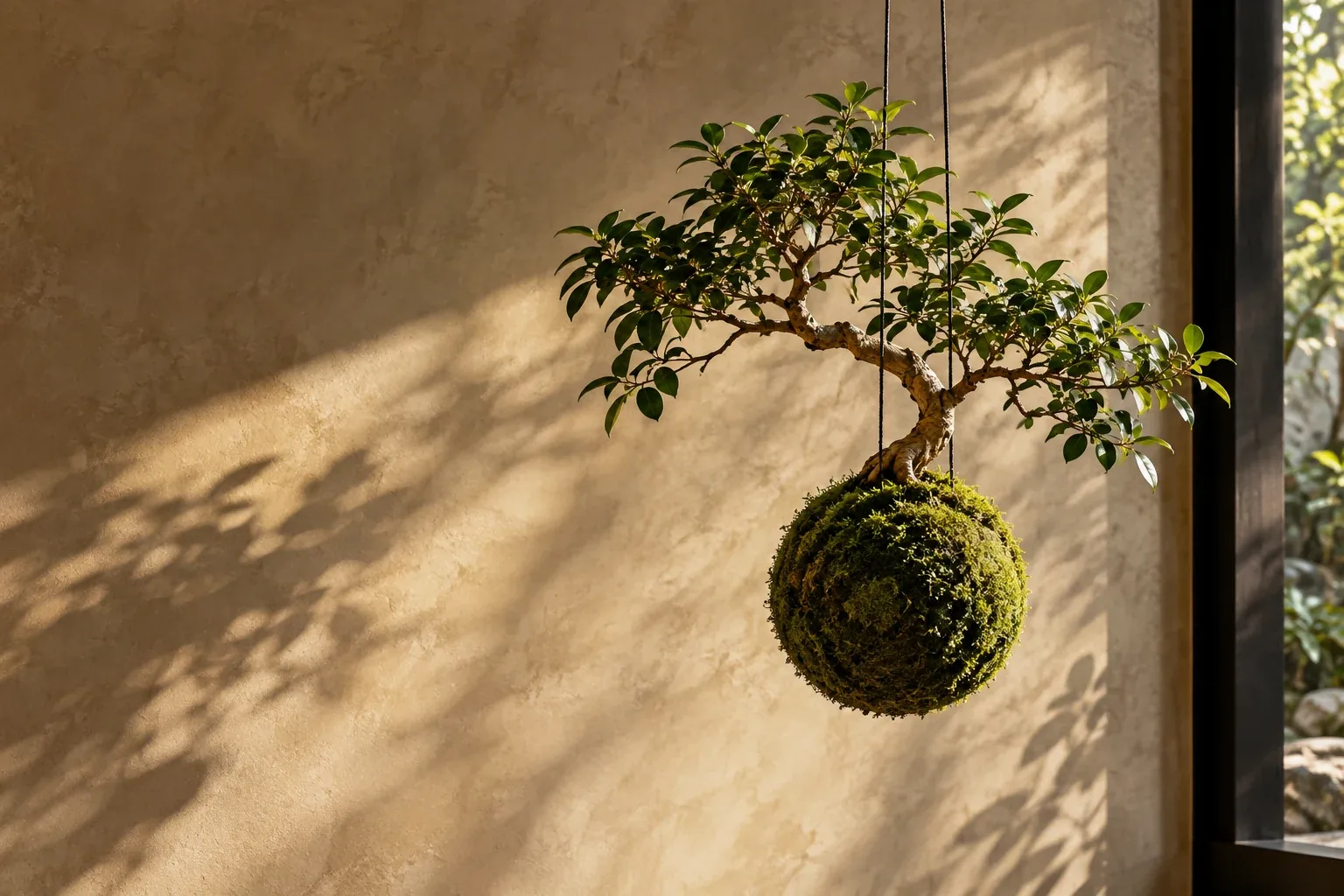 A hanging kokedama bonsai in warm natural light