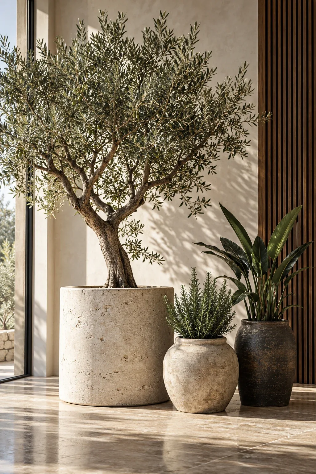 Sculptural indoor tree and individual plants in architectural stone and ceramic planters