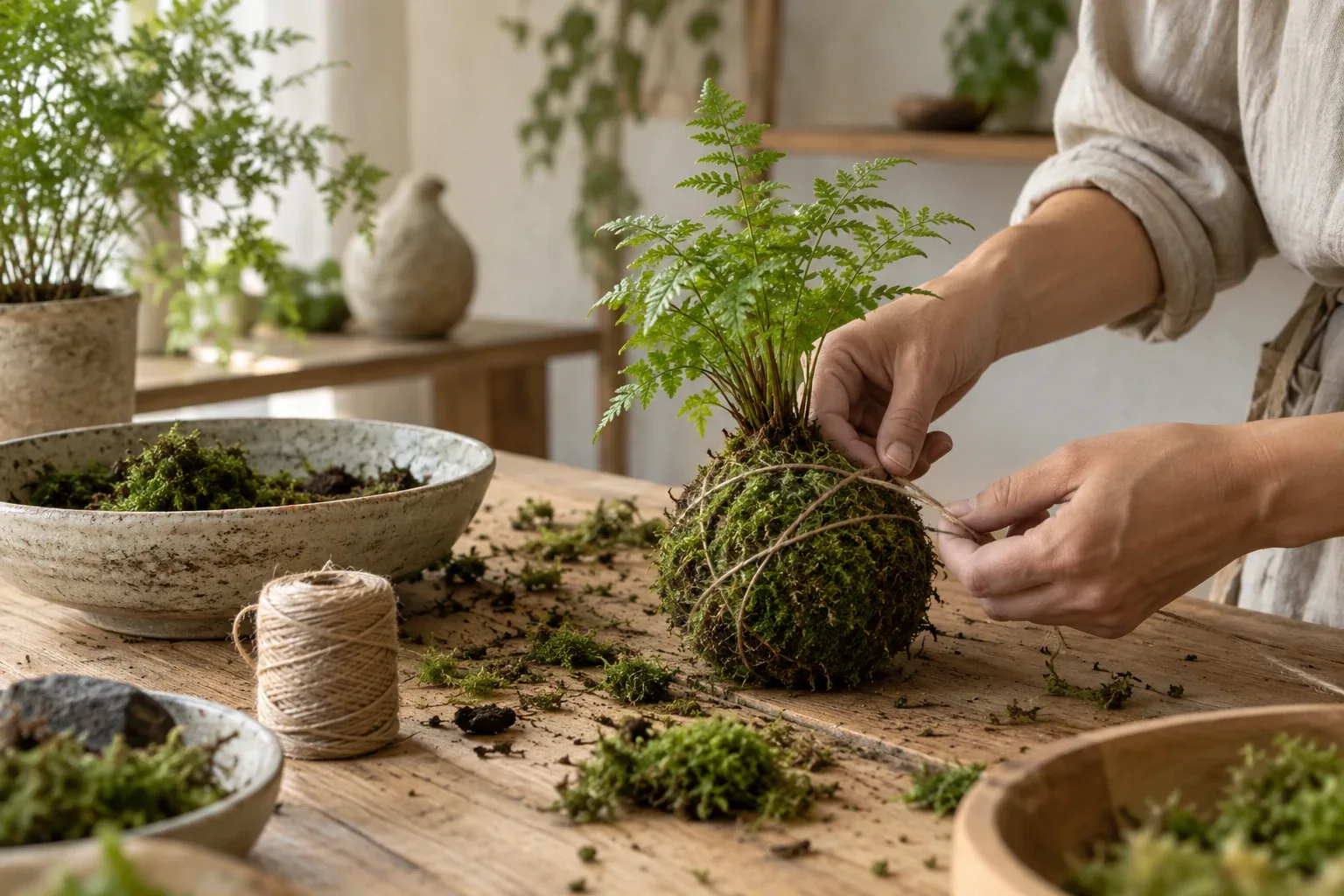 Hands creating a fern kokedama with natural twine at a botanical workshop